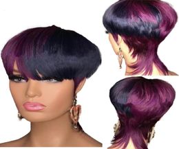 Ombre Highlight Rose Purple Colour Remy Human Hair Wigs Pixie Short Cut Bob Brazilian Straight No Lace Front Wig1077430