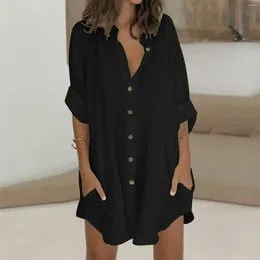 Casual Dresses Sloid Shirt Dress Women Turn-Down Collar Long Sleeve Knee-Length Summer Button Female Loose Holiday