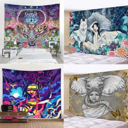 Tapestries Customizable People And Animals Art Painting Tapestry Wall Hanging Scene Kawaii Home Yoga Mat Sheet