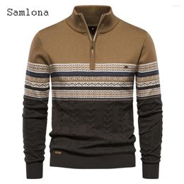 Men's Sweaters 2024 Knitting Winter Plush Jumpers Mens Long Sleeve Zipper Top Pullovers Casual Retro Striped Basic Sweater Hommes
