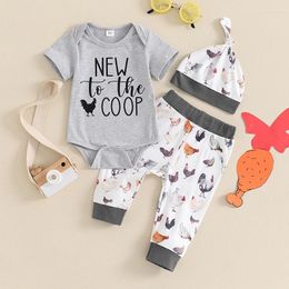 Clothing Sets 0-12months Baby Boys Summer Outfits Letter Print Short Sleeve Rompers Rooster Hen Long Pants Hat Infant Clothes Set