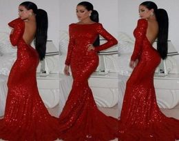 Bling Bling Red Evening Dresses Bateau Neck Long Sleeve Backless Sequined Prom Dress Mermaid Sexy Formal Gowns Custom Made8793478