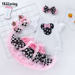 Summer Girl Baby Short Sleeved Jumpsuit Puffy Skirt Set Baby Cartoon Crawling Suit Checkered Skirt Trend