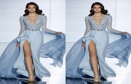 2020 New Sexy Zuhair Murad Mermaid Evening Dresses With Long Sleeves Formal Prom Dress Crystals Blue High Split Celebrity Gowns 394076900