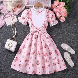 Girls Dresses Girls Summer Dress New Vintage Pink Cute Flower Vintage Print Lace Princess Girl Dress Fashion 812 Year Old Childrens Daily Casual Clothing Y240415Y24