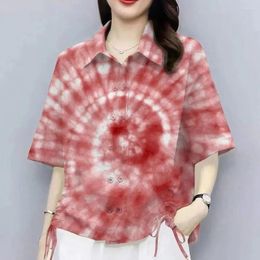 Women's Blouses Soft Stretchy Top Comfortable Summer Blouse Stylish Tie Dye Print Shirt With Drawstring Design Casual Lapel For