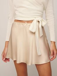 Summer Lace Bow Tie Satin Mini Skirt Women Casual Solid Color High Waist Slim Skirts 2024 Fashion Aline Short Black 240402