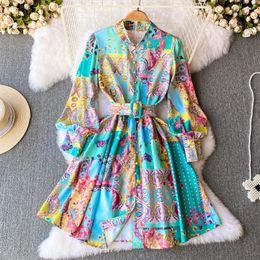 Casual Dresses Vintage Shirt Dress Long Sleeve Stand-up Collar Single-breasted A-line Print Slim Short Beach Streetwear Style