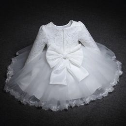 Baby Girls Long Sleeve Dresses for Xmas Party Wedding Lace Big Bow Dresses Infant Girl 1st Birthday Princess White Baptism Dress 240412