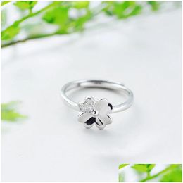 Cluster Rings Fashion Sier Colour Lucky Clover Open Finger Ring Clear Stone Leaf For Women Girl Jewellery Gift Dropship Wholesale Drop De Dhnfr