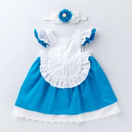 Dress Summer Girl's New White Blue Cinderella Maid Fashion Flying Sleeves Princess Dress 1-6 Year Old Girl's Dress