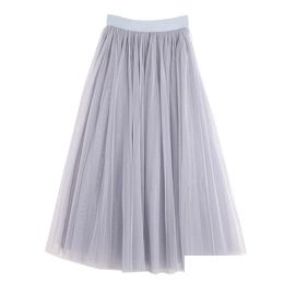 Skirts Vintage Tle Skirt Women Elastic High Waist 3 Layers A-Line Pleated Mesh Long Bride Tutu Female Jupe Longue Drop Delivery Dhmvl