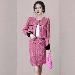 Work Dresses High-quality Rose Tweed Skirt Suit Women Elegant Fall And Winter Jacket Mini Package Hip OL Temperament 2-piece Set