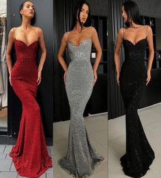 Sexy Silver Prom Dresses Full Sequins Spaghetti Straps Mermaid Long Evening Gowns Plus Size Custom Made Sleeveless Pageant Dresses7925467