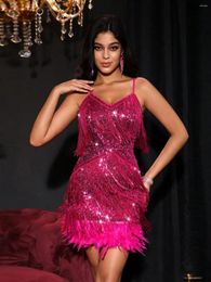 Stage Wear European And American Rose Red Brace Sequined Feather Tassel Dress Cocktail Party Birthday Ball Performance Costume