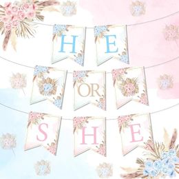 Party Decoration Pampas Grass Gender Reveal Decor He Or She Banner Supplies Boho