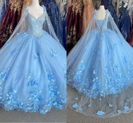 Light Blue Quinceanera Dresses with Cape Spaghetti Straps 3D Floral Lace Applique Sweep Train Satin Custom Made Sweet 15 16 Princess Party Prom Ball Gowns