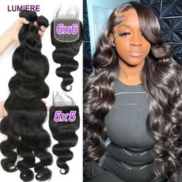 38 40Inch Body Wave Bundle With Closure 5X5 Brazilian Hair Weave 34 Frontal 6x6 HD Lace 240401
