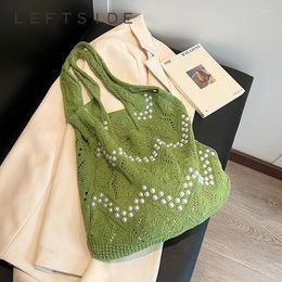 Shoulder Bags Green Knitting Shopper Shopping Beaded For Women 2024 Spring Designer Fashion Soft Big Handbags Trend Tote Bag