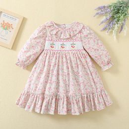 Girl Dresses 2024 Spring Baby Cotton Long Sleeve Smocked Floral Print Children Embroidery Dress Kids Loose Princess Clothing