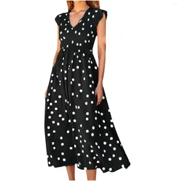 Casual Dresses Women Polka Dot Print Summer Dress V Neck Big Swing A Line Tie Waist Sleeve Flowy Smocked Plus Size Long