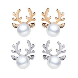 Stud Luxury Pearl Antlers Earrings Christmas Reindeer Elk Animal Rhinestone Crystal Sier For Women Girls Fashion Jewellery Drop Delivery Ot1Cr