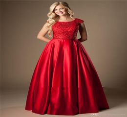 Red Satin Long Modest Prom Dresses 2020 With Cap Sleeves Aline Heavily Beaded Bodice College Modest Evening Party Gowns Couture o2311412