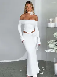 Work Dresses 2024 White Strapless Pleat Flower Sexy Two Piece Set Backless Top Long Skirt Women Elegant Evening Party 2