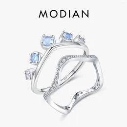 Cluster Rings MODIAN 925 Sterling Silver Light Blue Finger Ring Trendy Irregular Line Stackable For Women Cocktail Party Jewellery