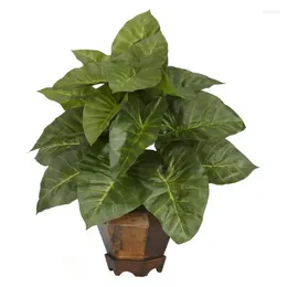 Decorative Flowers Taro Polyester Artificial Plant With Vase Green Flores Decorativas Artificiales Mini Bulk Bl