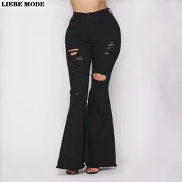 Women's Jeans Womens High Waist Boot Cut Ripped Holes Long Flared Woman Black Wide Leg Washed Vintage Jean Trousers For Women