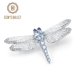 GEMS BALLET 141Ct Natural Sky Blue Topaz Brooch 925 Sterling Sliver Handmade Design Dragonfly Brooches For Women Fine Jewellery 240418