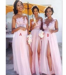 Cheap Country Blush Pink Bridesmaid Dresses 2020 Sexy Sheer Jewel neck Lace Appliques Maid of Honor Dresses Split Formal Evening G9150667