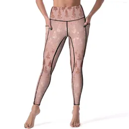 Active Pants Elegant Rose Gold Metallic Leggings Glitter Pink Mauve Xmas Trees Yoga High Waist Fitness Legging Elastic Sport