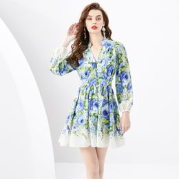 Designer V-neck Casual Floral Mini Dress Lantern Sleeve Women Vintage Print Button Down Short Shirt Dresses Runway Ladies A-Line Resort Beach Party Cocktail Clothing