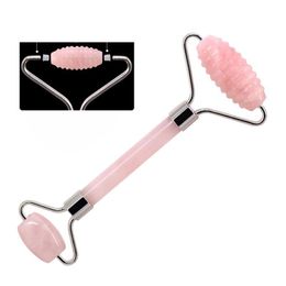 50pcs pink Double Head Massage Roller Natural Rose Crystal Quartz Jade Stone Anti Wrinkle Facial Body Beauty ZZ