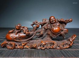 Decorative Figurines Collect China Box-Wood Hand Carving Buddhism Moneybag Maitreya Buddha Staue