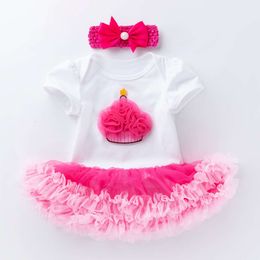 Bir yıl bebek prenses elbise yaz tarzı bebek kız yumuşak iplik elbise kısa kollu tatlım elbise seti 3