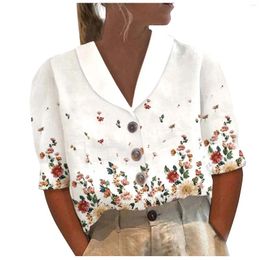 Women's Blouses A Print Stand Collar Button Casual Half Sleeve Cotton Linen Top Shirt Womens Short