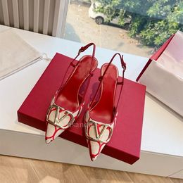 Luxury Dress Shoes Formal Women High Pointed Toe Shoes Designer Slingback Sandals Classic Metal V Buckle Nude Black Red Matte Stiletto Heels wedding shoes