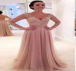 A Line Prom Dresses V Neck Illusion Long Sleeves Tulle Evening Dress Blush Vestidos De Novia Party Gowns5448294