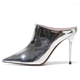 Slippers Silver Women's Sexy Mules Shoes For Women High Heels Sandals Pointed Toe Slides Party Female Black Big Size 45