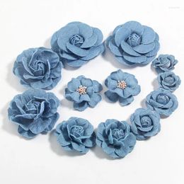 Decorative Flowers 6Pcs Denim Fabric Flower Boutique Chiffon Lace Trim Wedding Decoration DIY Scrapbooking Bride Hair Veil Clothes Headwear