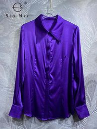 Women's Blouses SEQINYY Silk Purple Blue Shirt Summer Spring Fashion Design Women Runway High Quality Loose Top Casual