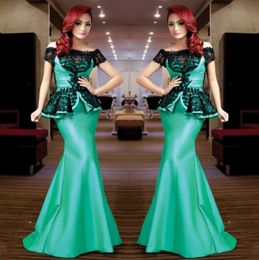 Charming Green Mermaid Evening Gowns Black Lace Appliques Off Shoulder Prom Dresses Peplum Arabic Women Formal Party Dress Cheap5994846