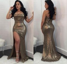 Shinny Gold Sequins Prom Dresses Sexy Strapless Beaded Side Slit Plus Size Formal Evening Party Dresses3976584