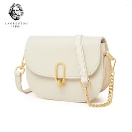 Shoulder Bags LAORENTOU Women's Cowhide Commuter White Crossbody Bag Flip Fashion Chain Armpit Semicircle Saddle