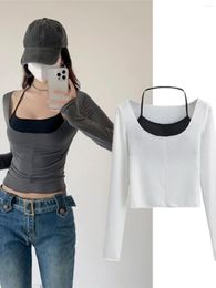 Women's T Shirts Sexy Pure Desire Style Low Collar Long Sleeve T-shirt Suit Chest Pad Halter Spaghetti Straps Skinny Slimming Contrast Color