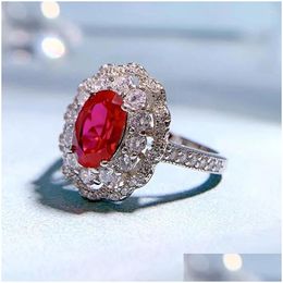 Cluster Rings 2023 925 Sier High Carbon Diamond Ring Female 6 9 Personality Fashion Blood Red Heavy Work Gem Drop Delivery Jewellery Dhfpp