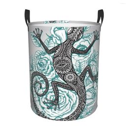 Laundry Bags Folding Basket Ethnic Tribal Lizard With Mint Roses Dirty Clothes Toys Storage Bucket Wardrobe Clothing Organiser Hamper